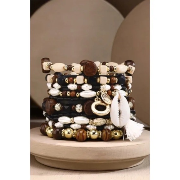 Brown 10 Layered Bohemian Stack Stretch Bracelet Set w/ Charms Cowrie Tassel - Picture 3 of 4